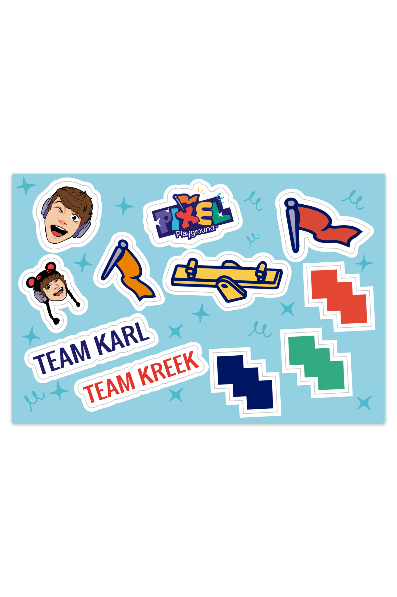 Sticker sheet related to "PIXEL Playground" featuring cartoon-style sticker designs. It includes illustrated faces of Karl and Kreek, with "TEAM KARL" and "TEAM KREEK" stickers, as well as PIXEL Playground logo, pixelated shapes, and gaming icons like a joystick and flags, all set against a light blue background with subtle decorative elements.
