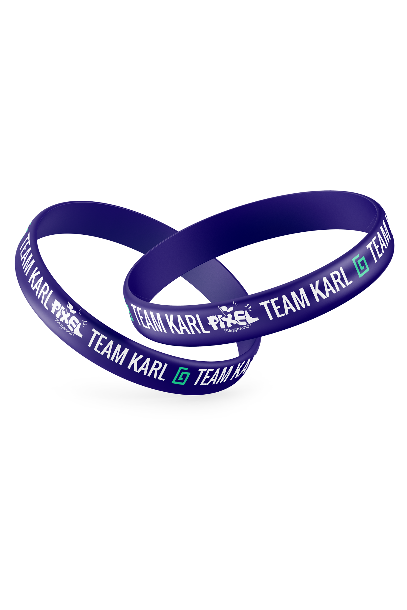 Purple wristband with 'TEAM KARL' text and Pixel Playground logo.