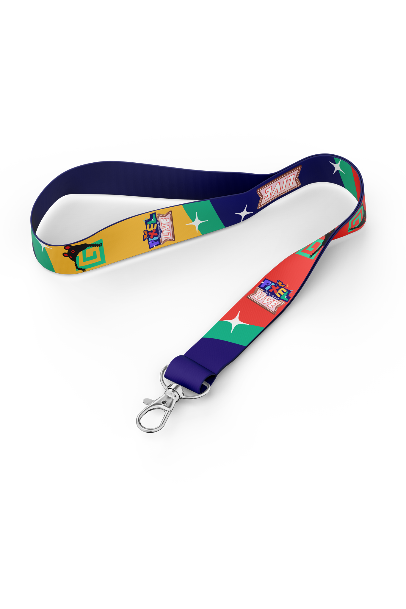 Lanyard featuring the Pixel Playground logo and colors.