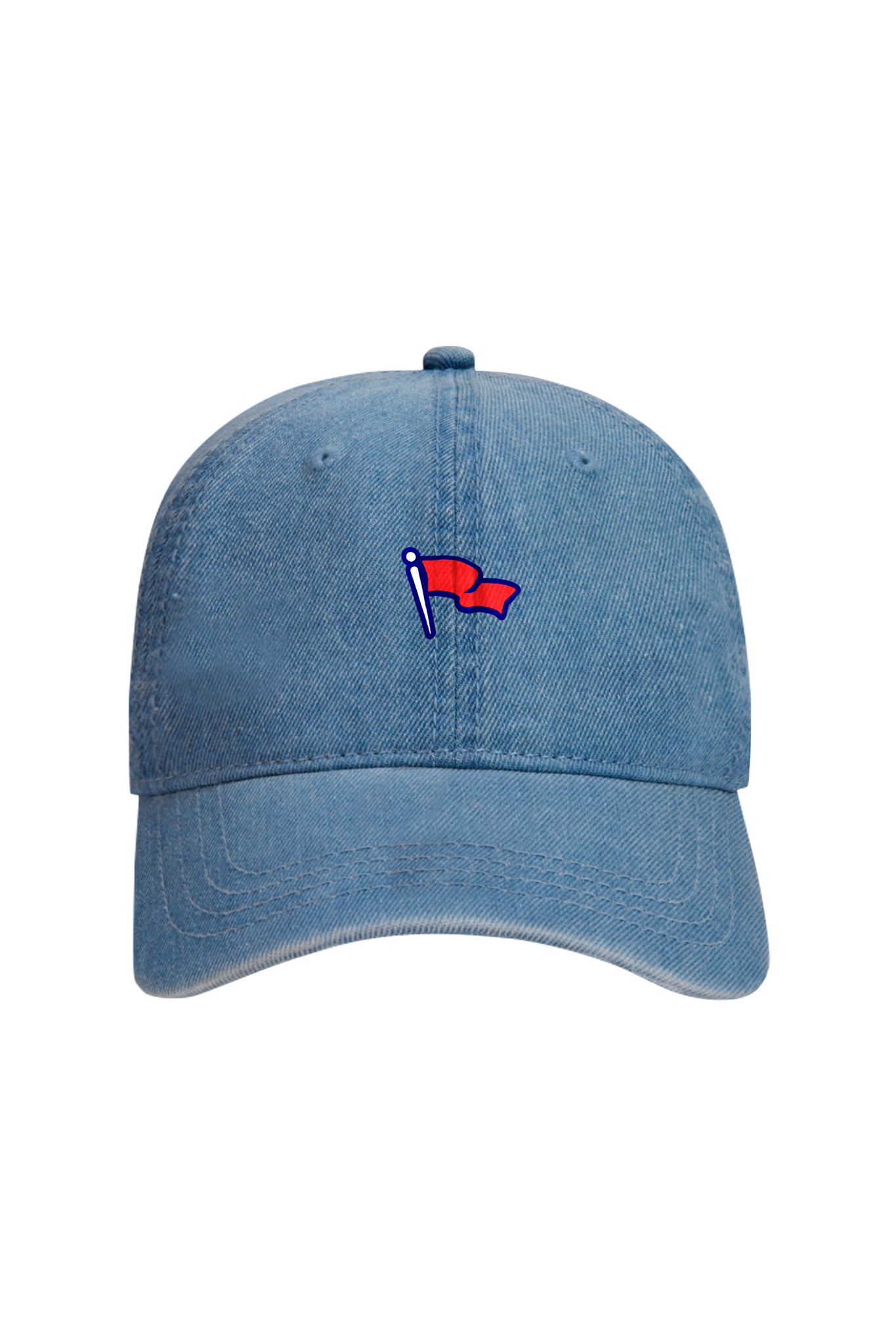 A blue denim-textured cap with a small red and blue flag emblem on the front panel.