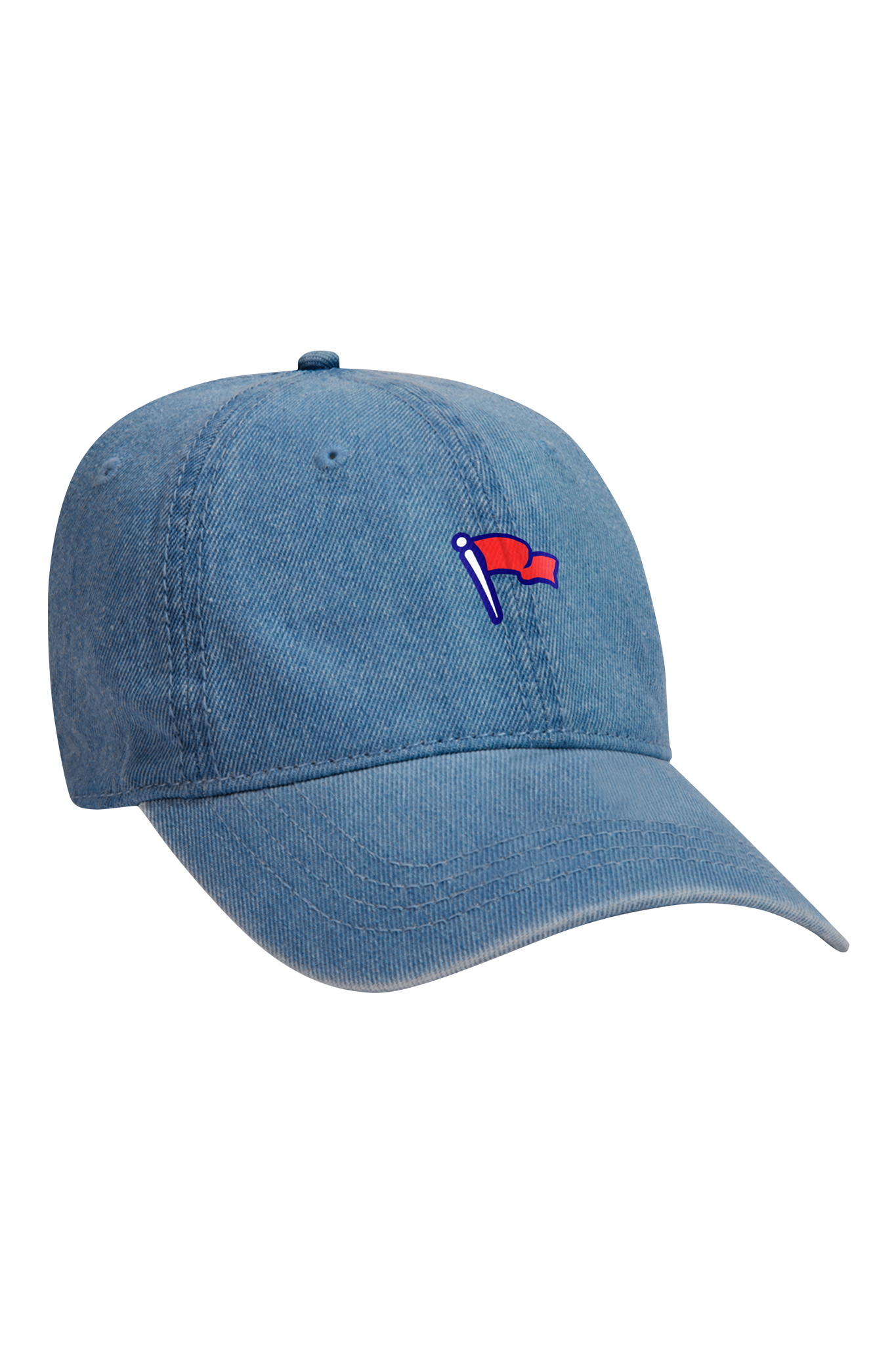 A blue denim-textured baseball cap with a distinctive red and blue flag emblem on the side.