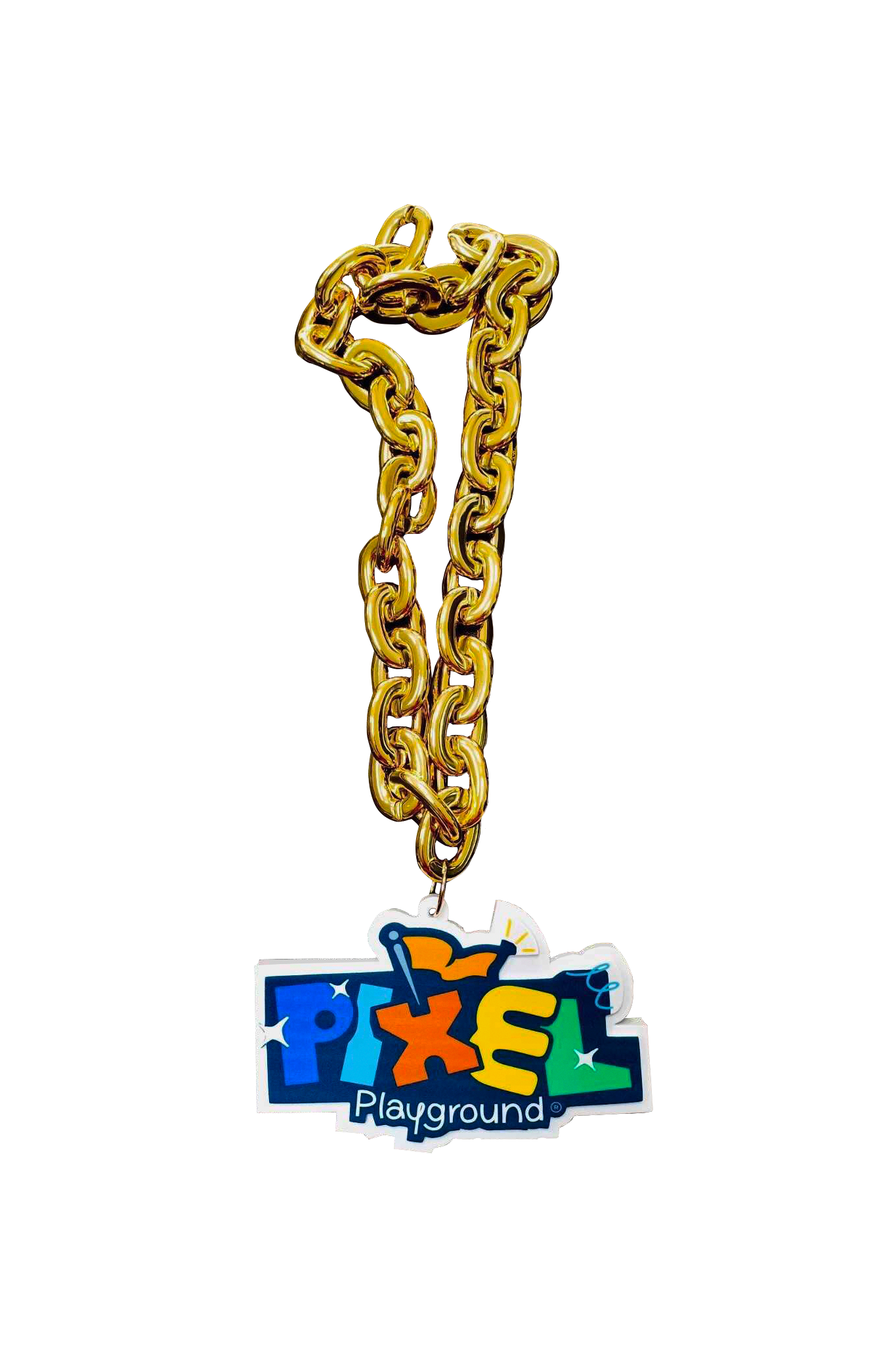 Golden chain with the Pixel Playground logo attached to it.