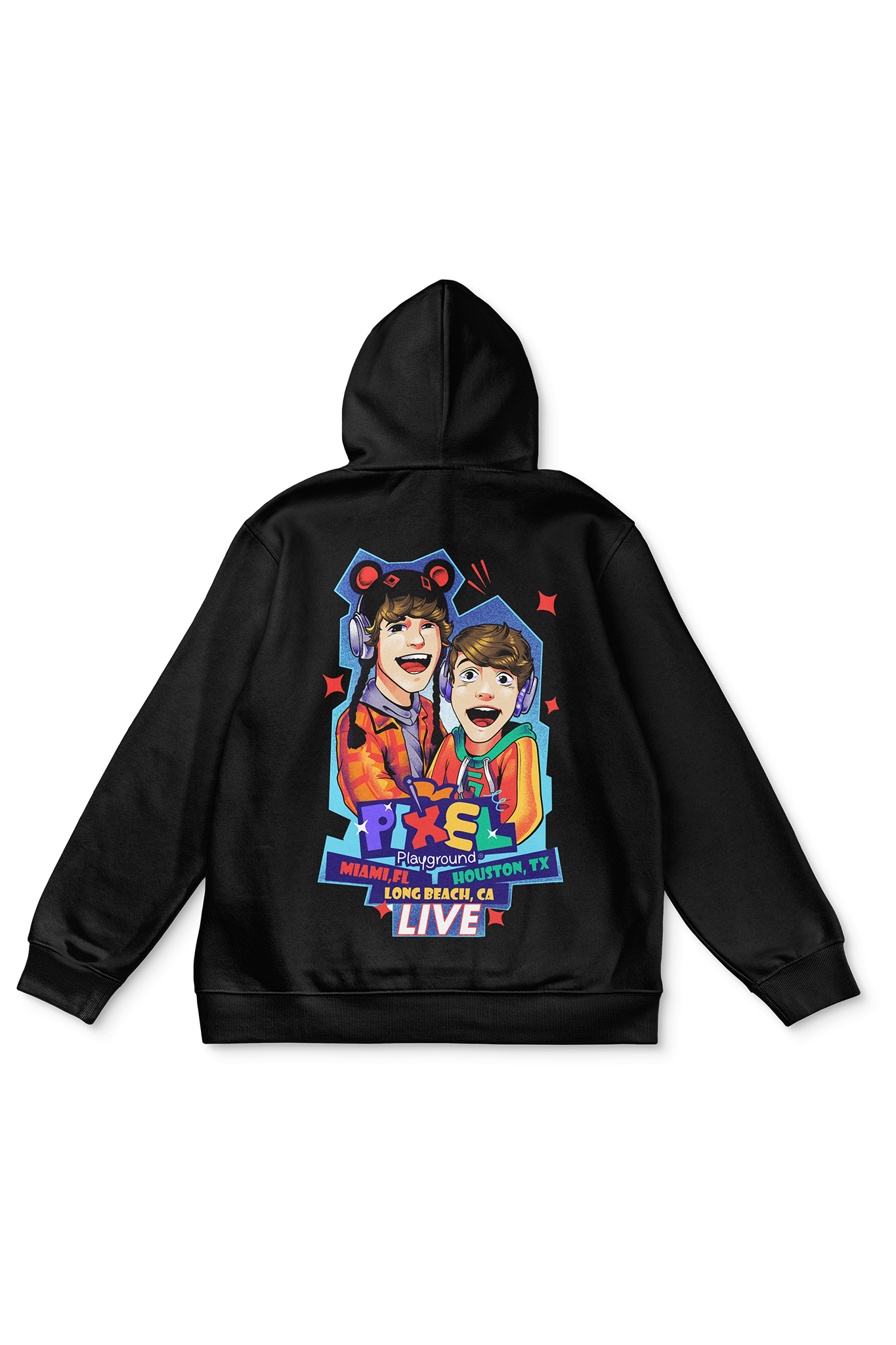 Black hoodie with the Pixel Playground print across the entire back.
