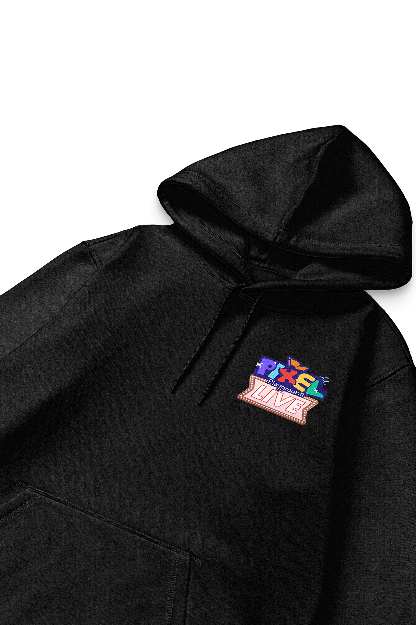 Close-up of a black hoodie with the Pixel Playground print positioned on the top right in the front.