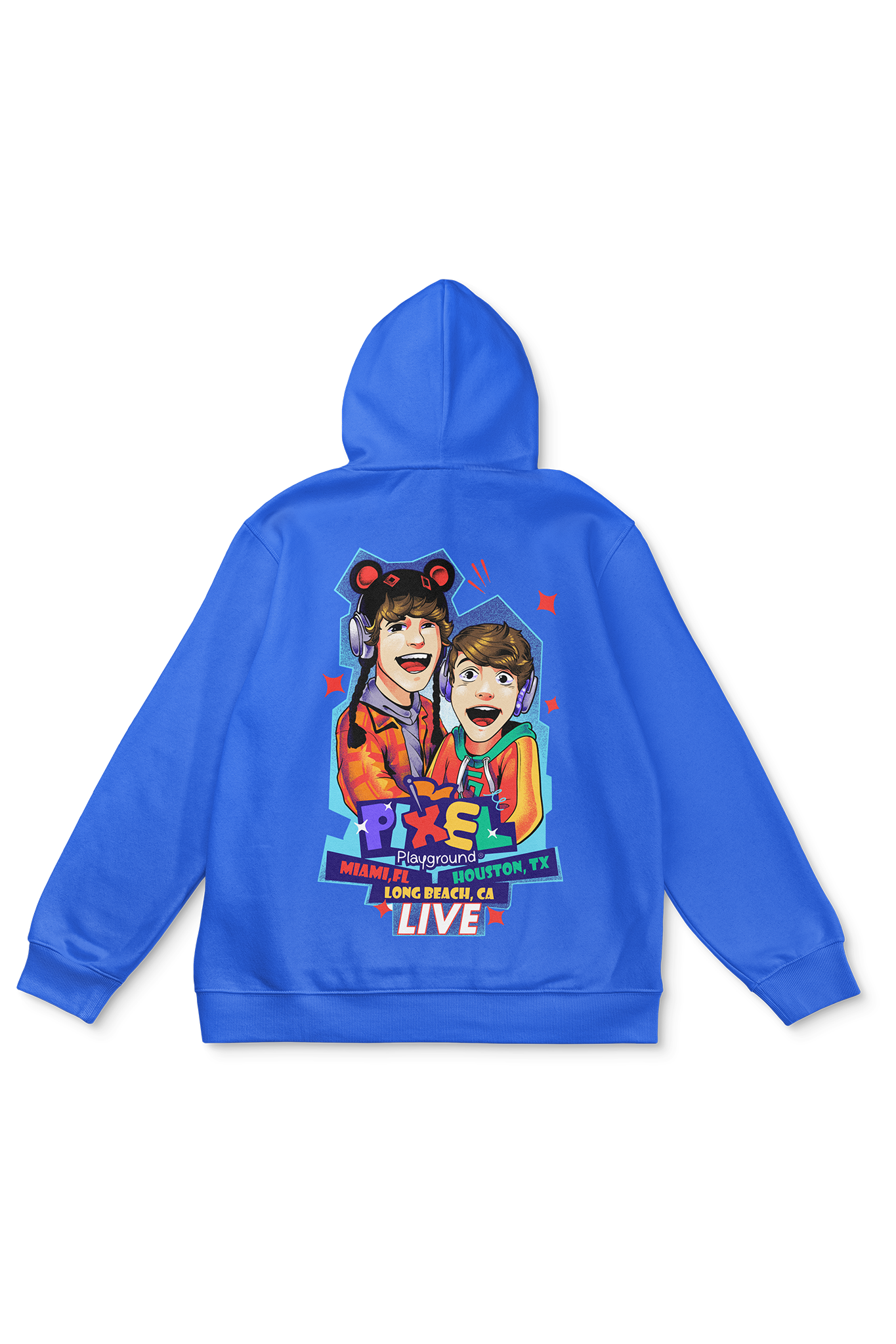 Royal blue hoodie with the Pixel Playground print across the entire back.