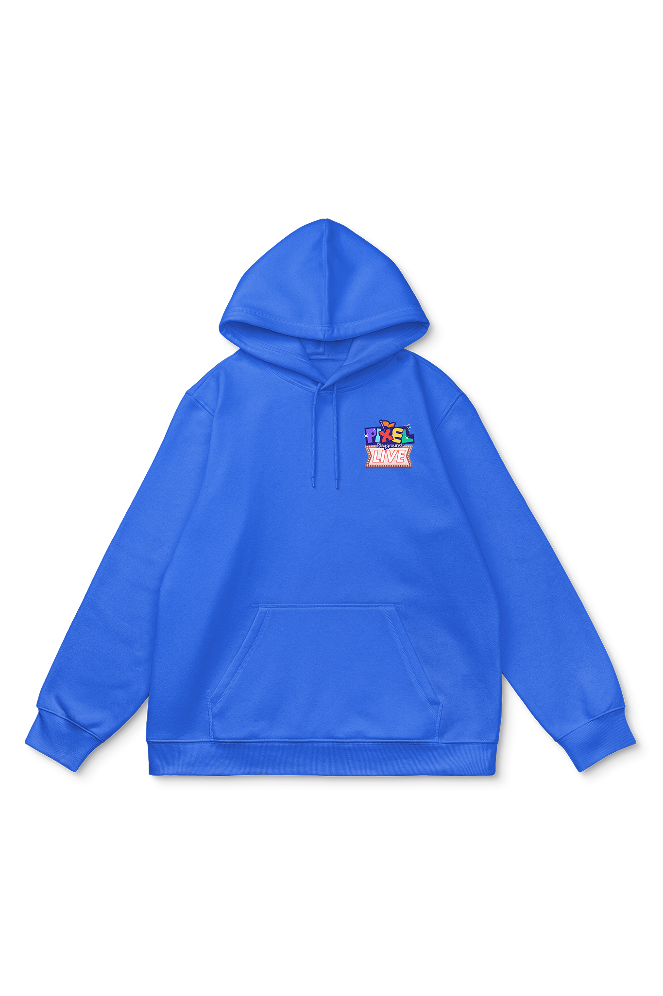 Royal blue hoodie with the Pixel Playground print positioned on the top right in the front.
