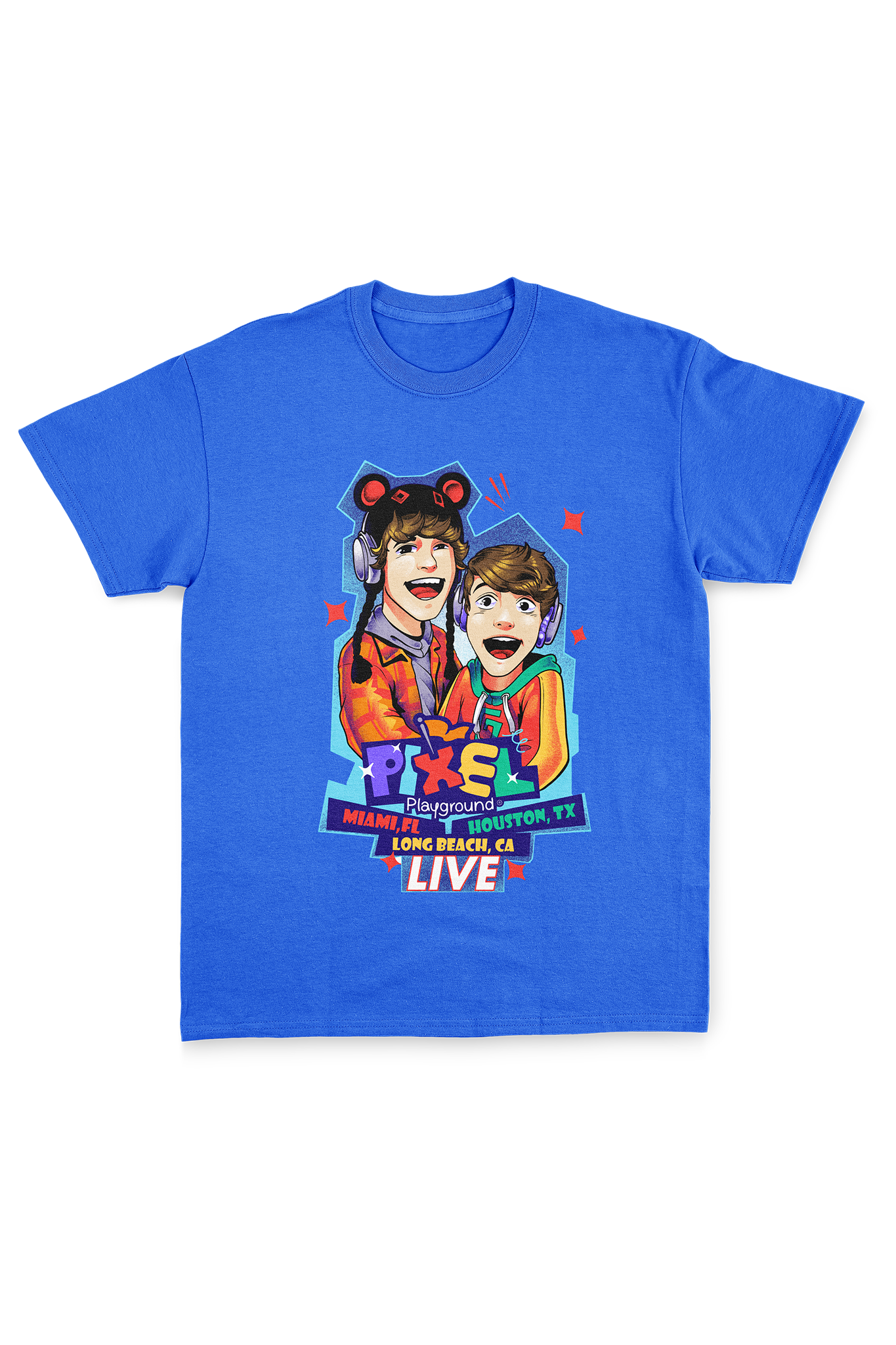 Royal blue t-shirt with the Pixel Playground print across the entire front.