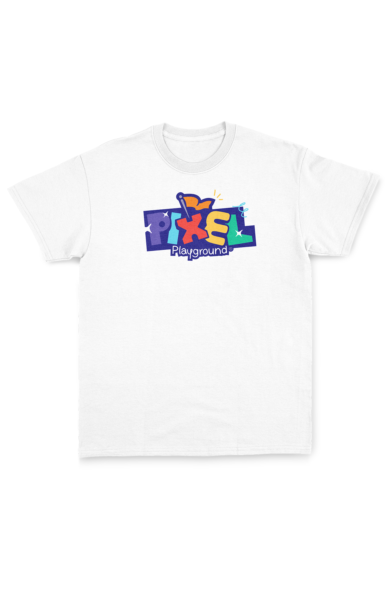 White t-shirt with the Pixel Playground logo in the front.