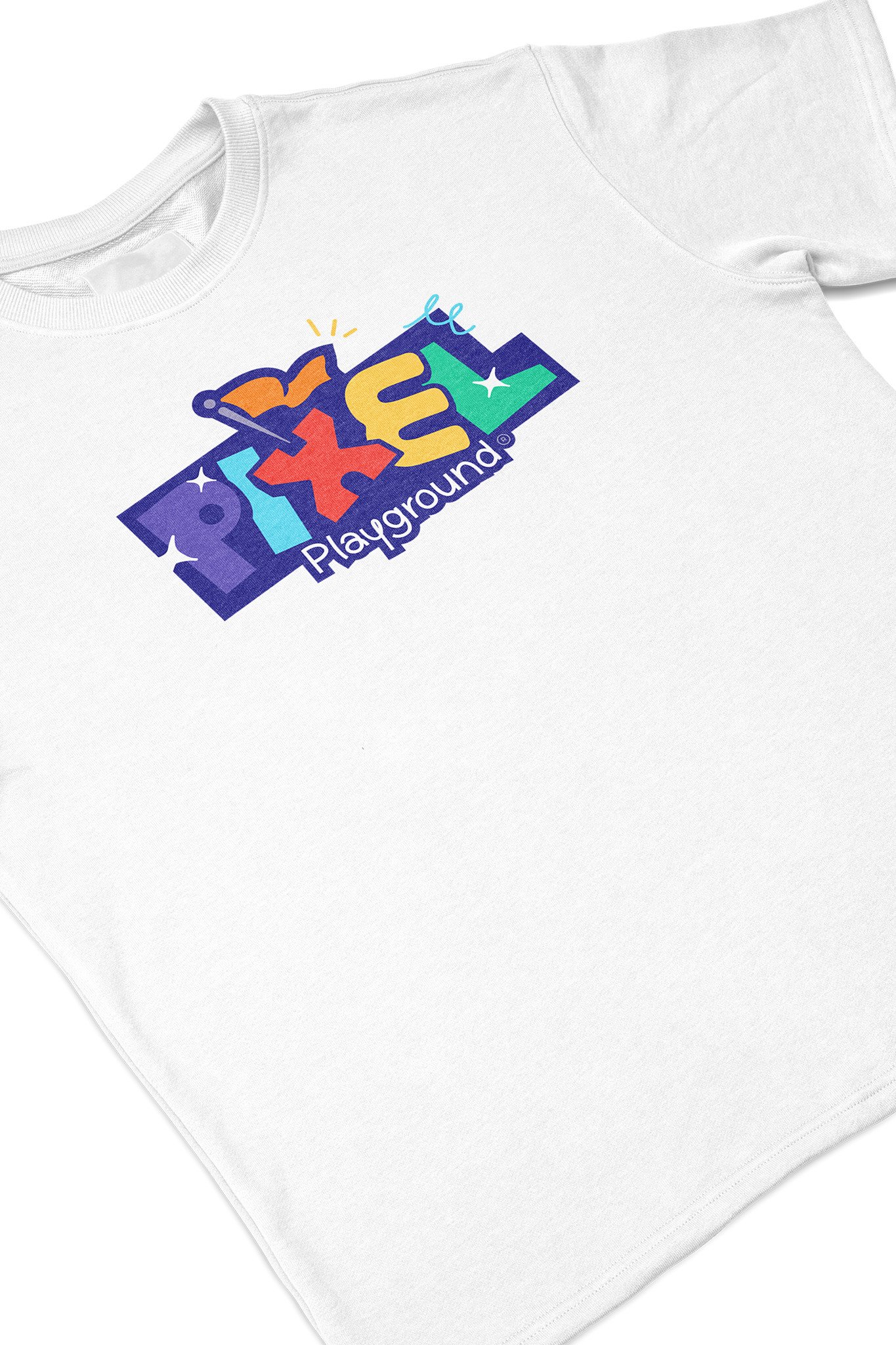 Close-up of a white t-shirt with the Pixel Playground logo on the front.