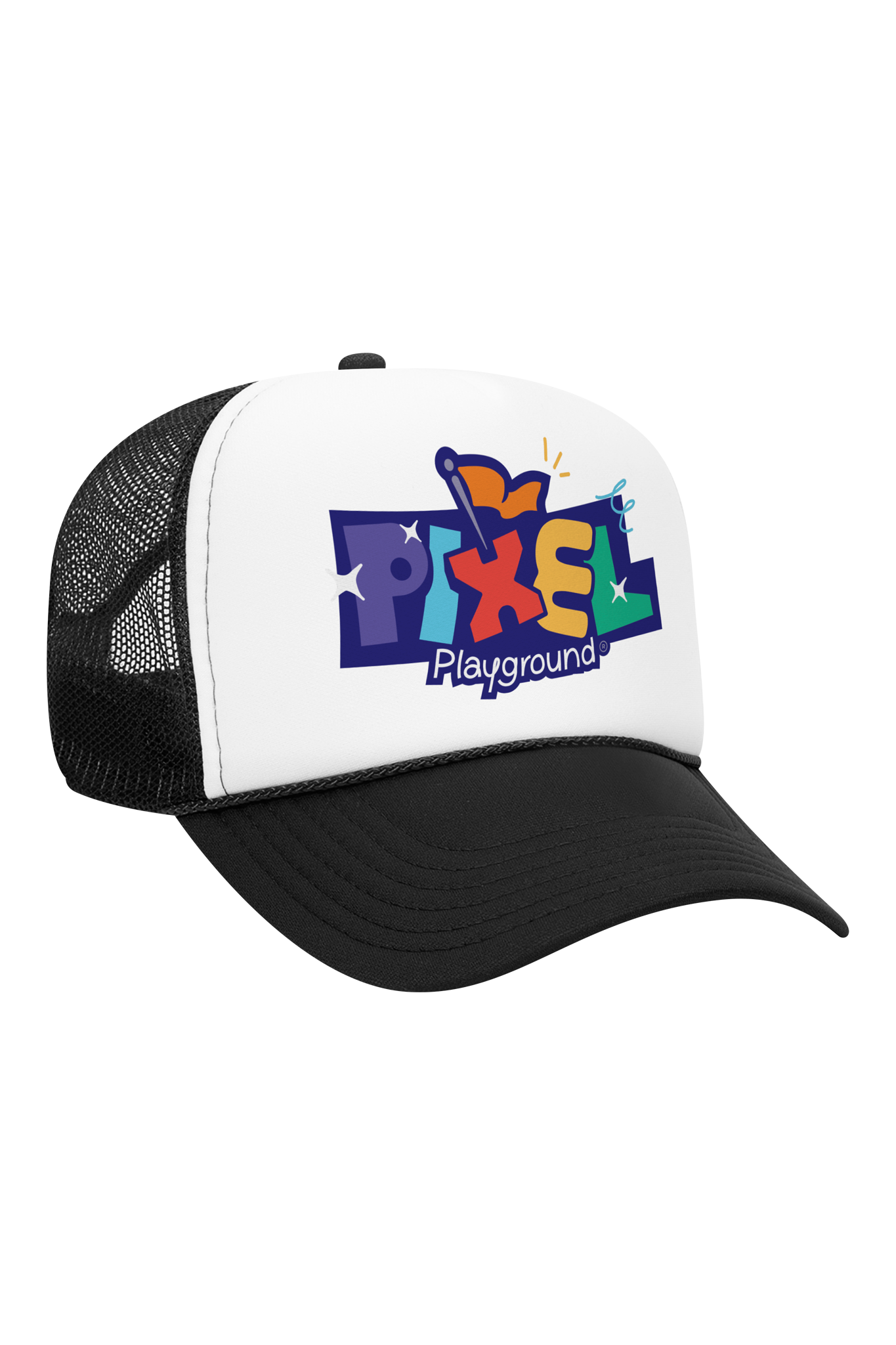Black and white cap featuring the Pixel Playground logo.