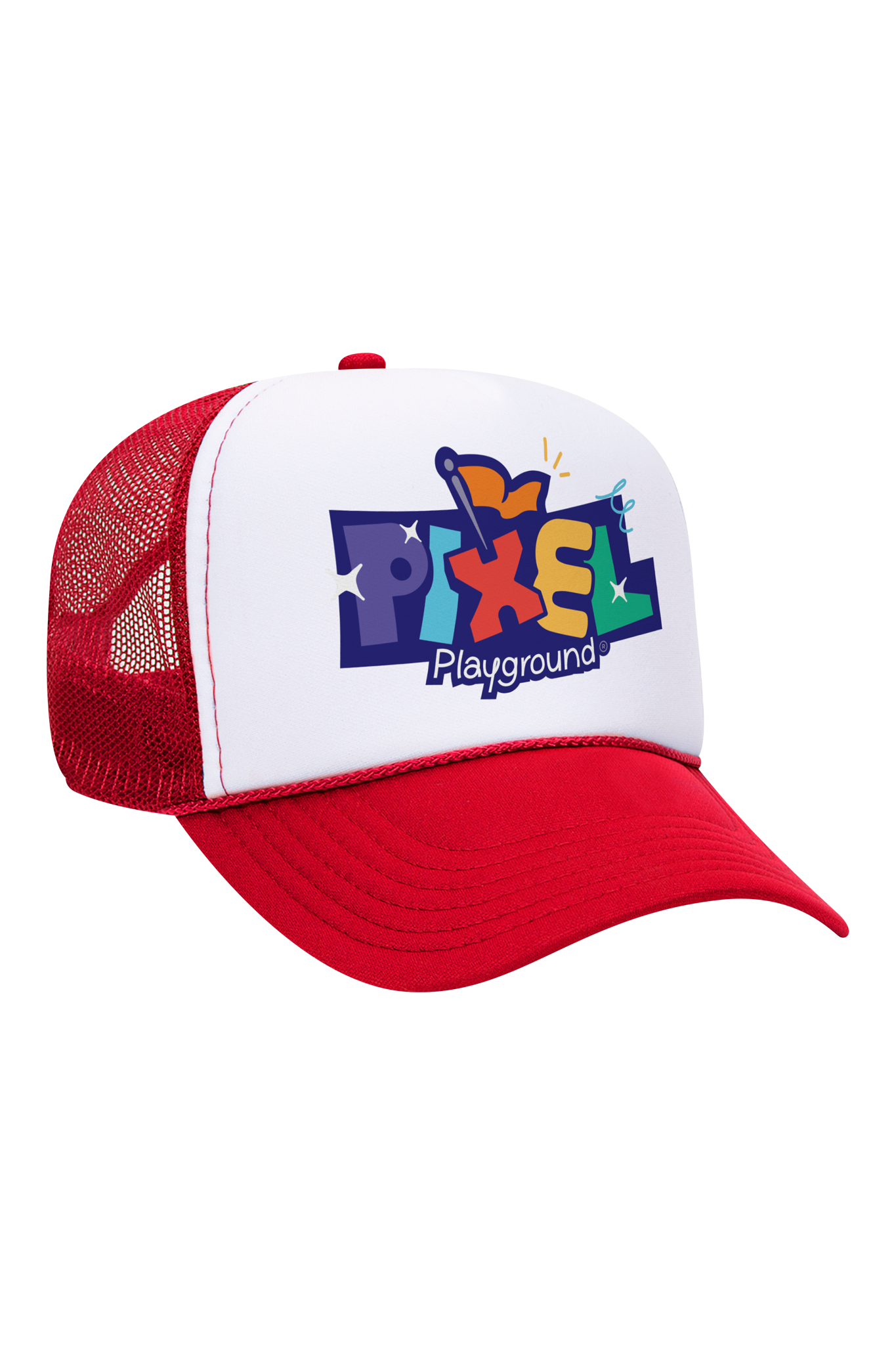 Red and white cap featuring the Pixel Playground logo.