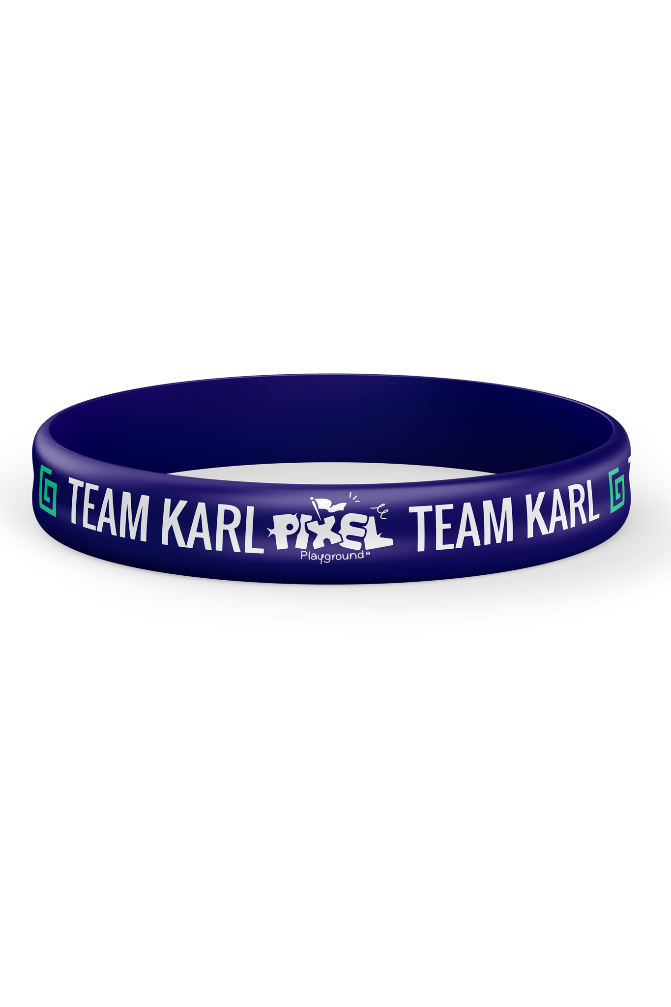 Purple wristband with 'TEAM KARL' text and Pixel Playground logo.